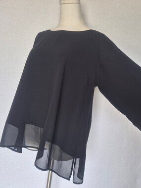 EILEEN FISHER 100% Silk Chiffon Sheer-Hem Tunic Blouse 3/4 Sleeve Black
